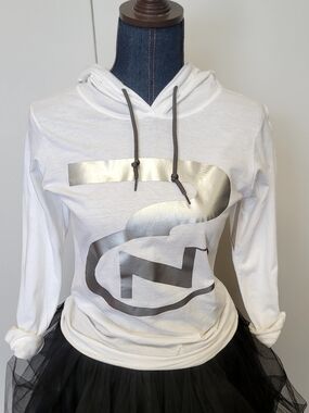 White Hooded Long-Sleeve Top with Metallic Silver Graphic
